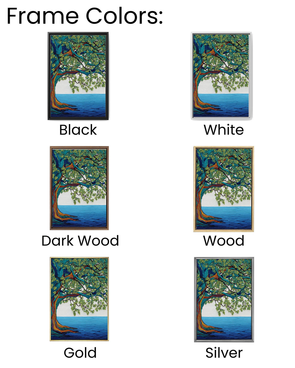Colorful Oak Tree Wall Art | Embroidered Style Nature Painting with Flowing Lines, Green Leaves & Blue Water Background