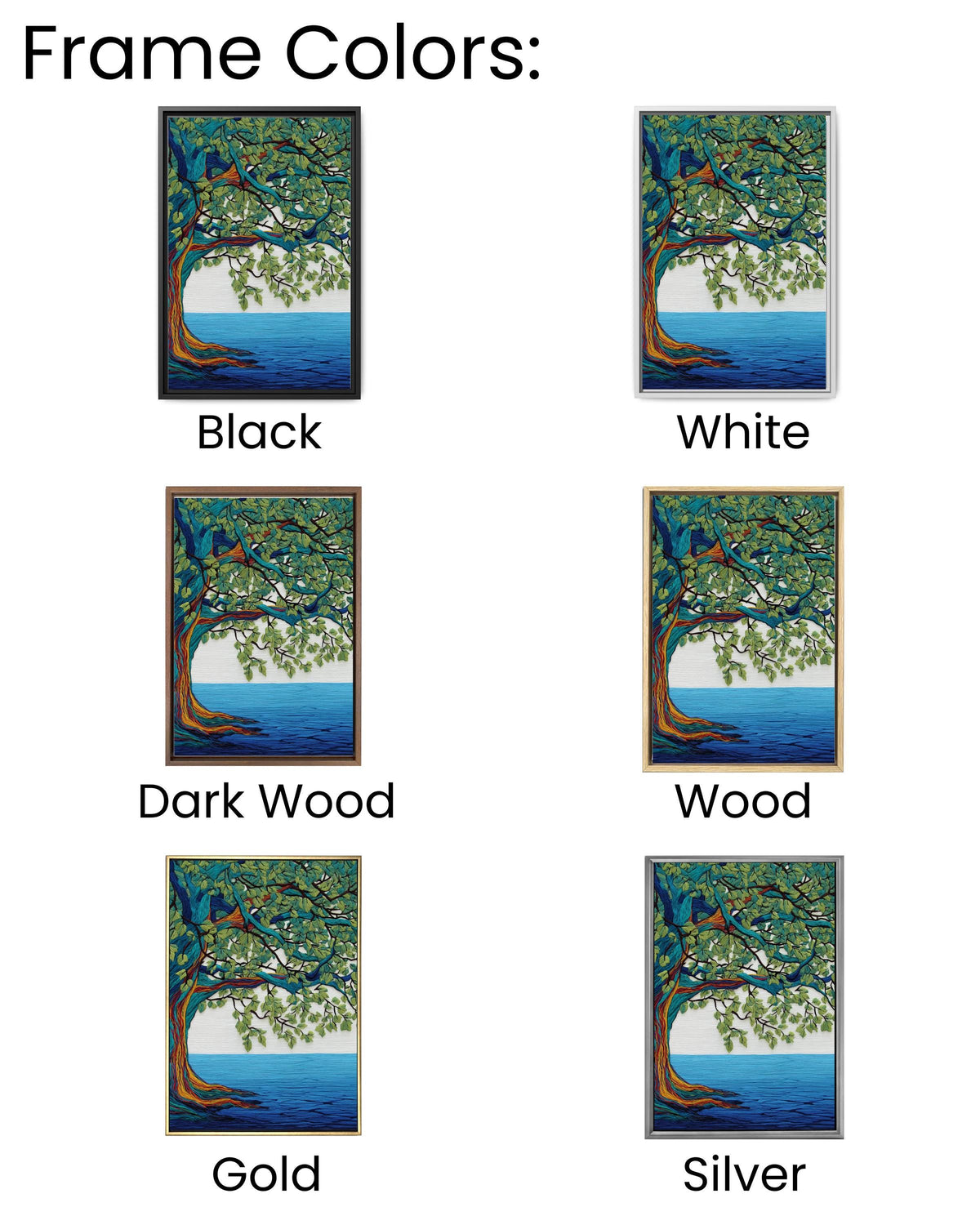 Colorful Oak Tree Wall Art | Embroidered Style Nature Painting with Flowing Lines, Green Leaves & Blue Water Background