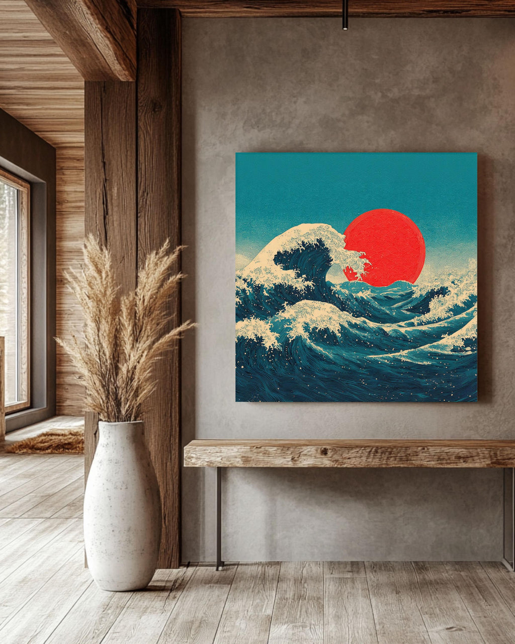 Japanese Wave Canvas Print | Ukiyo-e Red Sun Wall Art