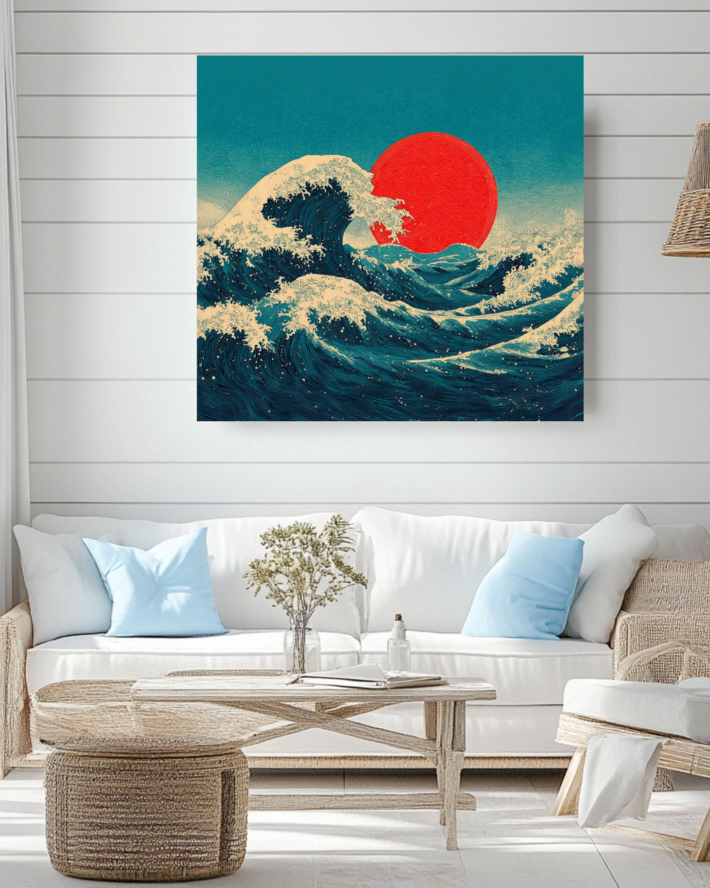 Japanese Wave Canvas Print | Ukiyo-e Red Sun Wall Art