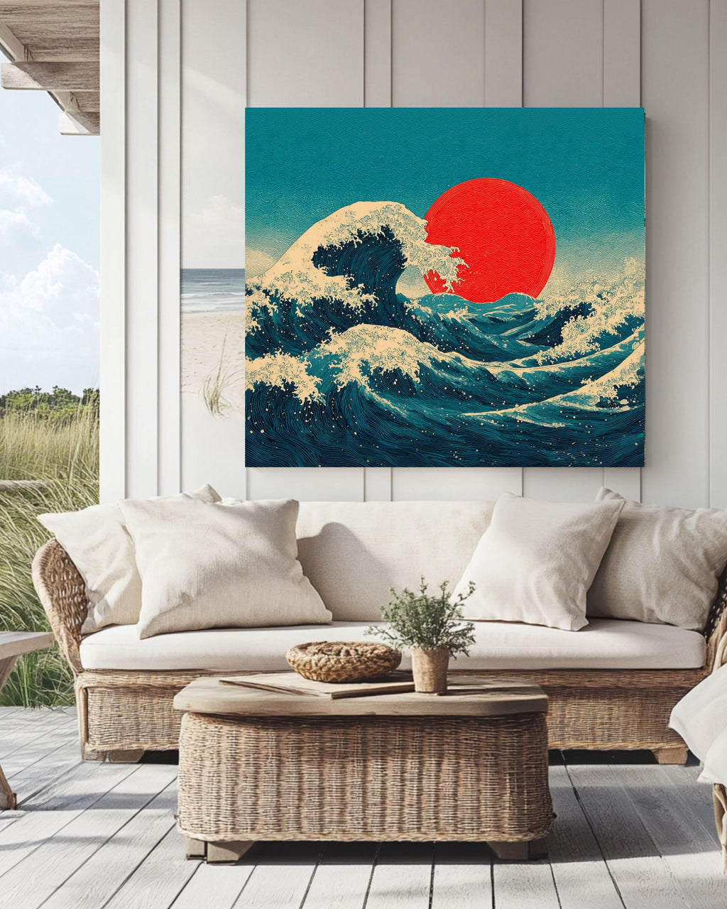 Japanese Wave Canvas Print | Ukiyo-e Red Sun Wall Art
