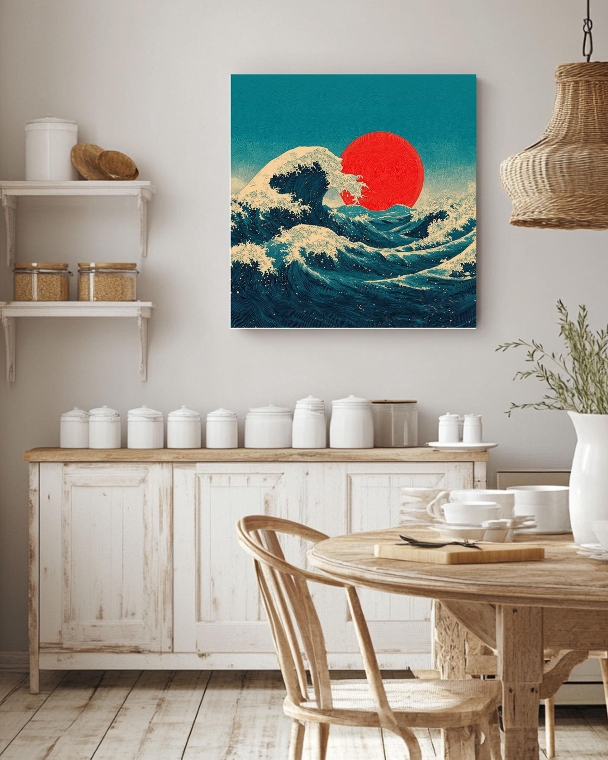 Japanese Wave Canvas Print | Ukiyo-e Red Sun Wall Art