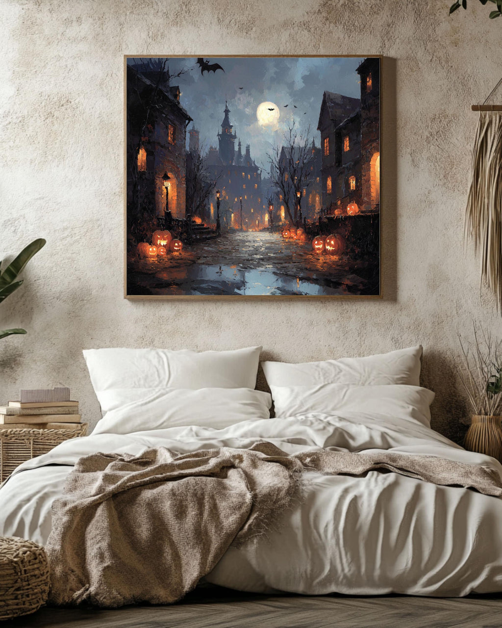 Haunted Halloween Town Canvas Print: Victorian Street Art