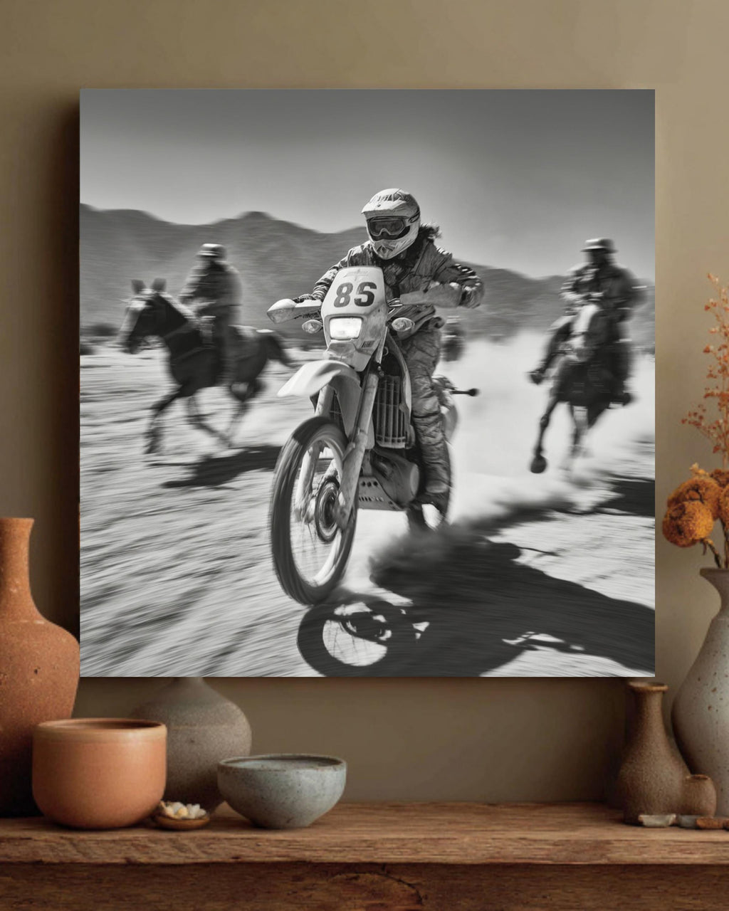 Black and White Motocross Canvas Print | Desert Racing Wall Art