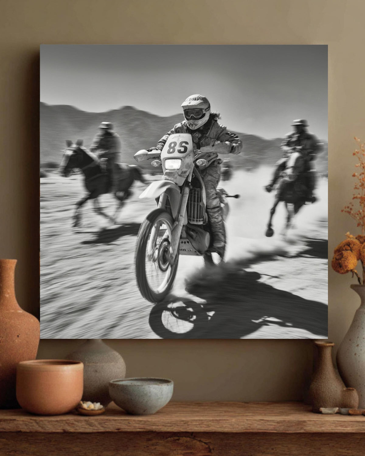 Black and White Motocross Canvas Print | Desert Racing Wall Art