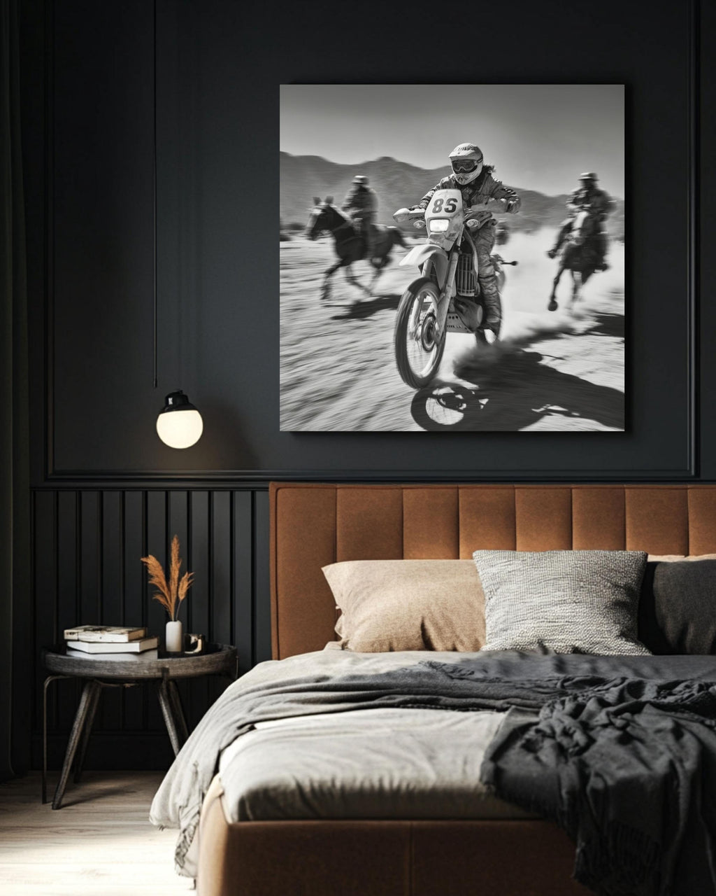 Black and White Motocross Canvas Print | Desert Racing Wall Art