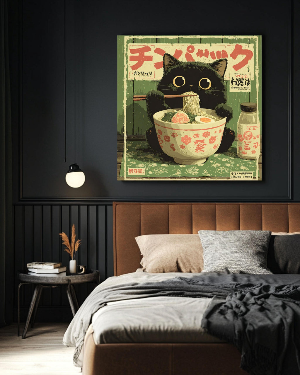 Kawaii Black Cat Ramen Canvas Print | Vintage Japanese Kitchen Art