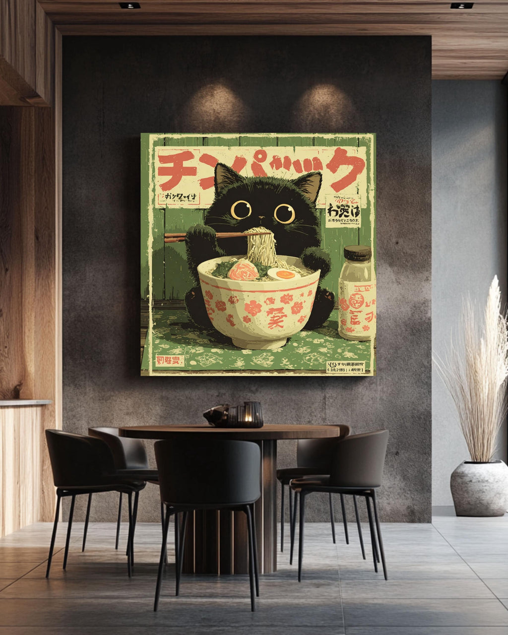 Kawaii Black Cat Ramen Canvas Print | Vintage Japanese Kitchen Art