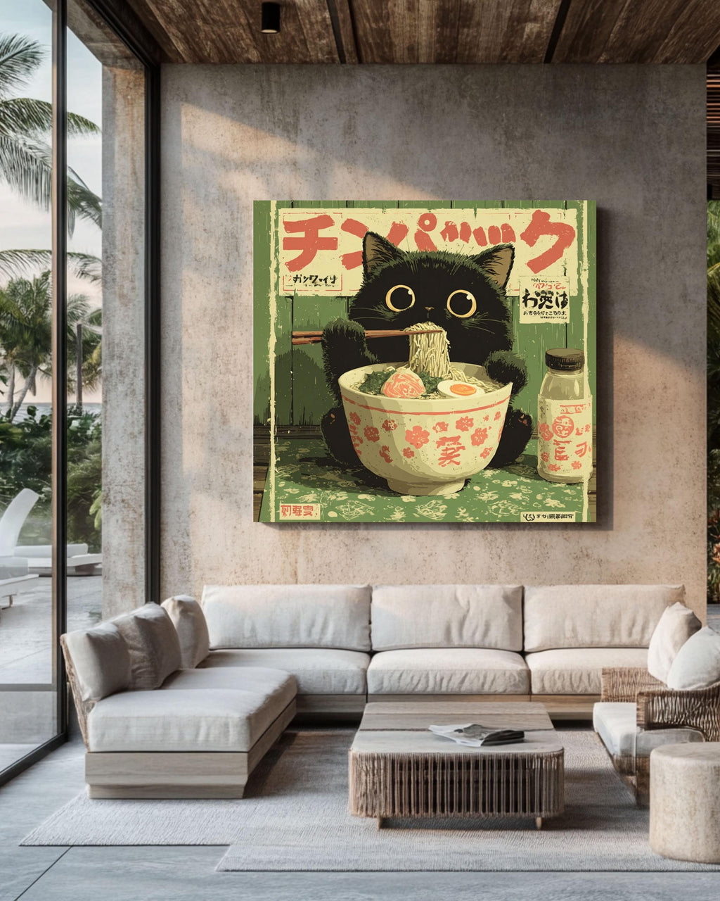 Kawaii Black Cat Ramen Canvas Print | Vintage Japanese Kitchen Art
