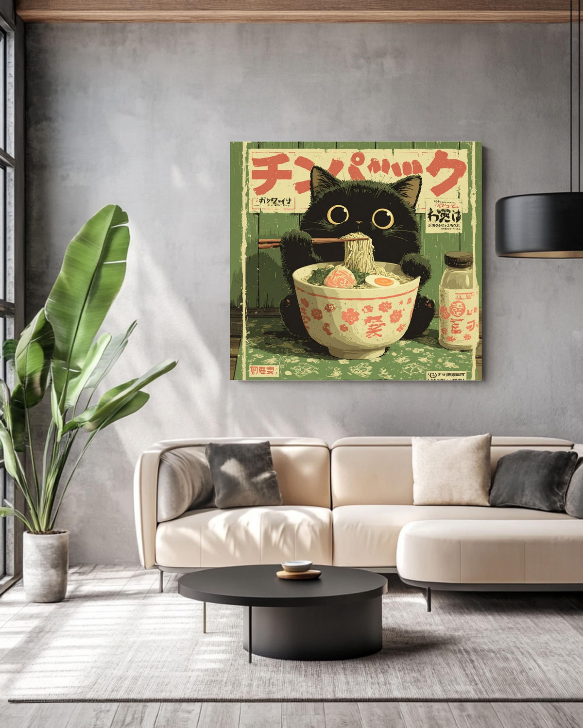 Kawaii Black Cat Ramen Canvas Print | Vintage Japanese Kitchen Art