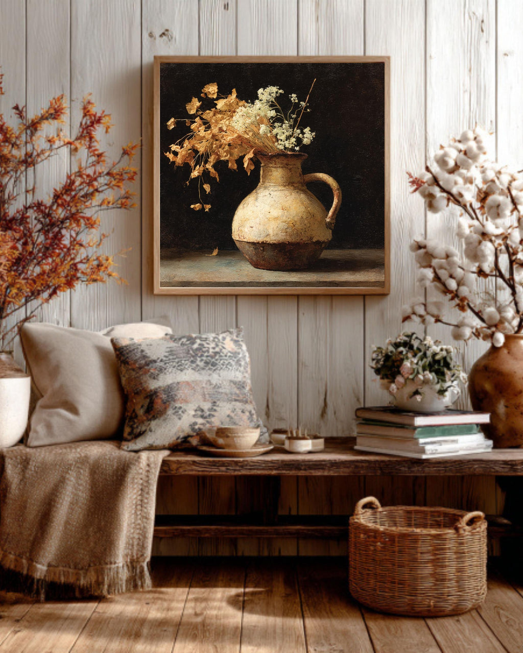 Dark Academia Still Life: Vintage Floral Jug, Framed Canvas Art