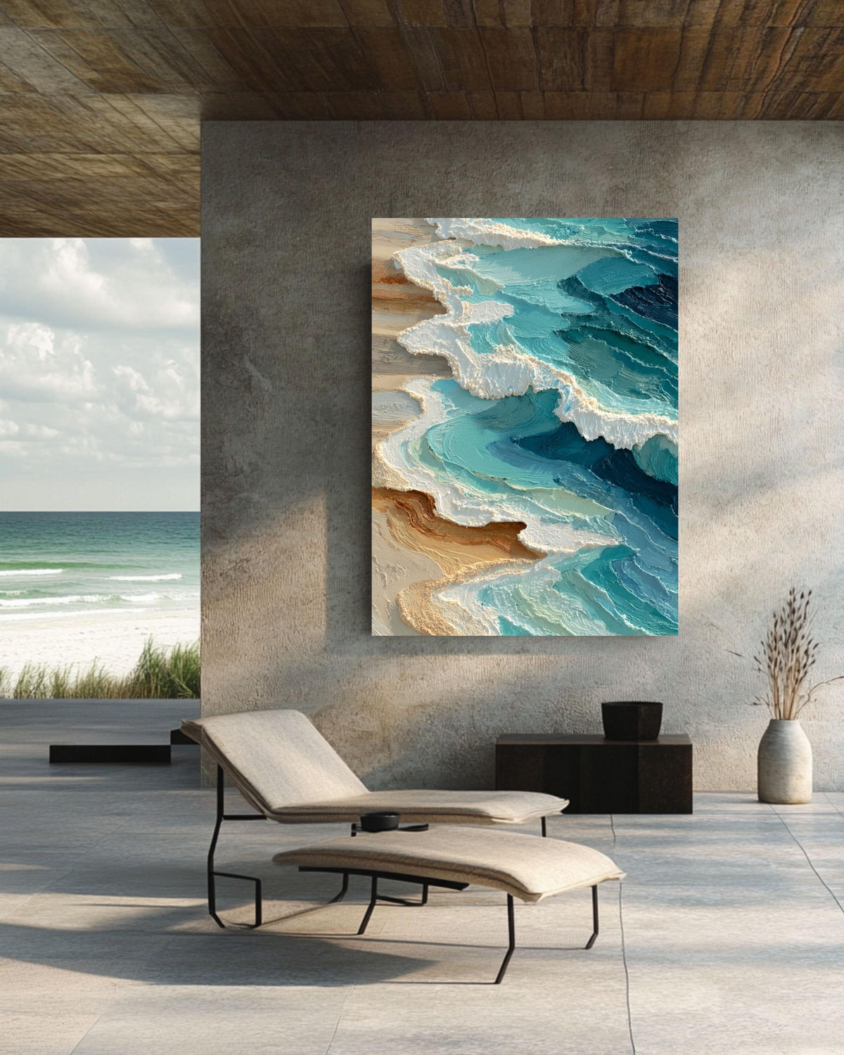 Textured Coastal Waves Canvas Print | 3D Impasto Ocean Art