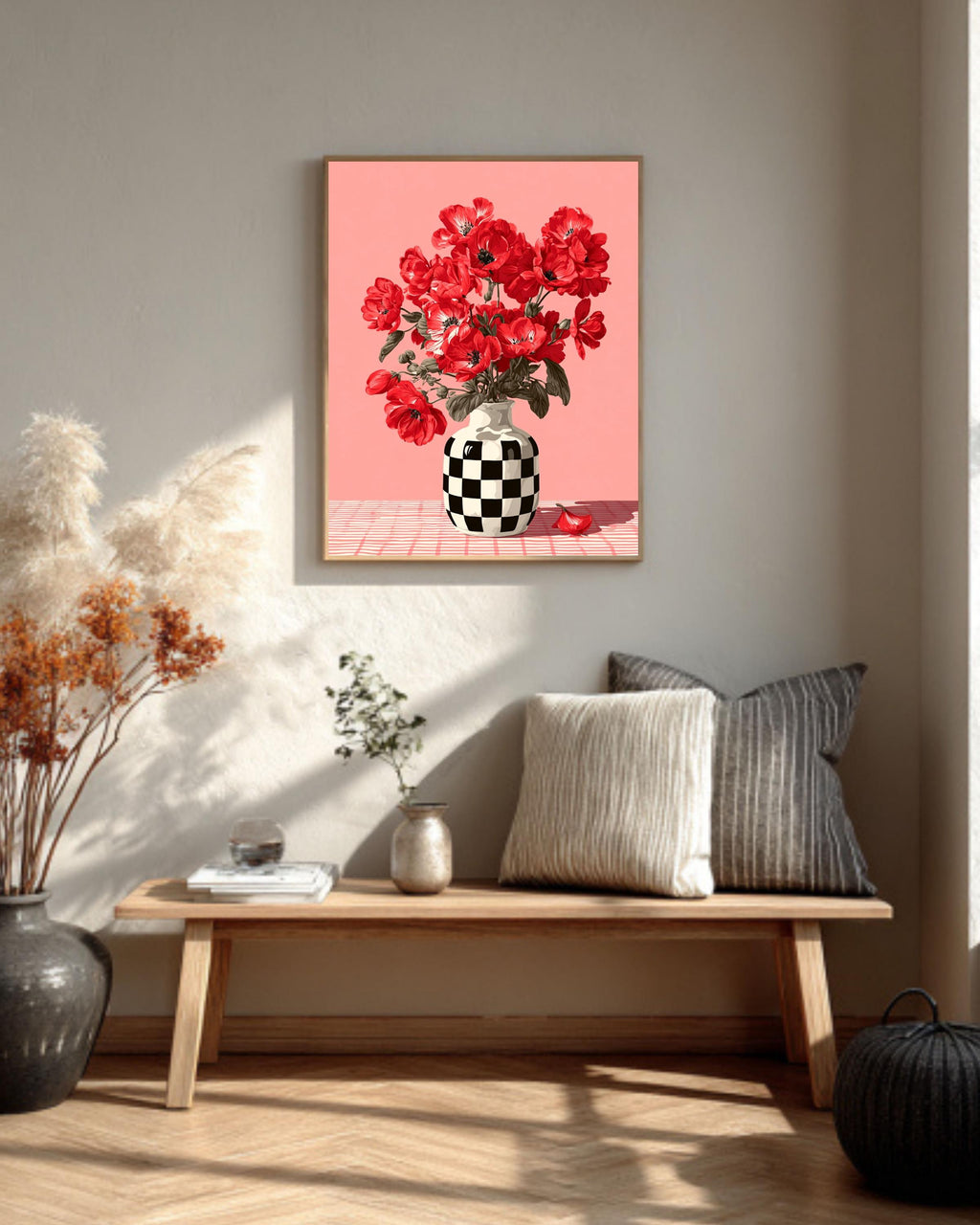 Red Flower Canvas Print: Checkerboard Vase - Modern Pop Art