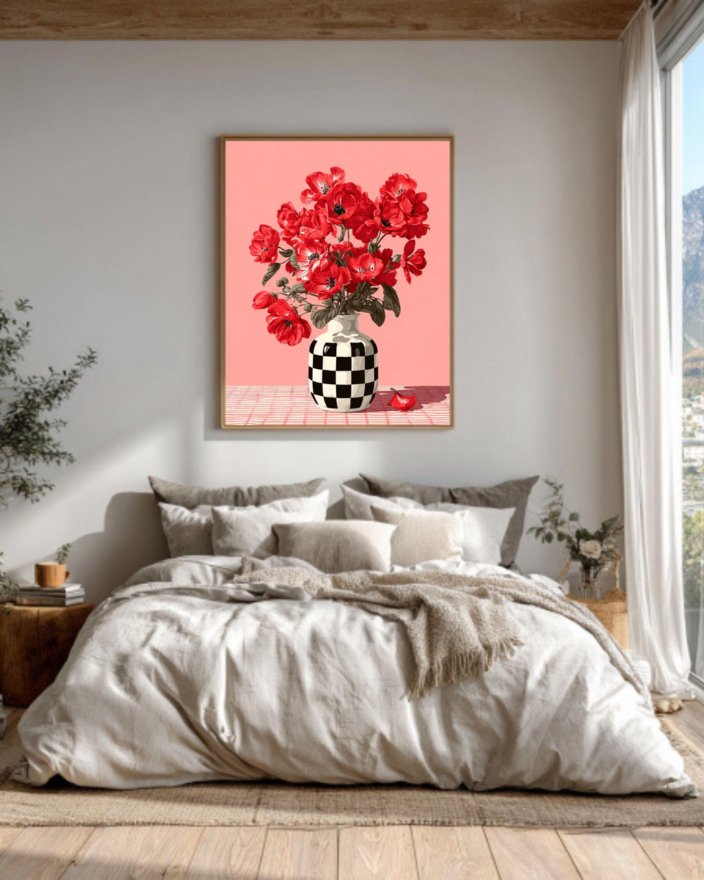 Red Flower Canvas Print: Checkerboard Vase - Modern Pop Art