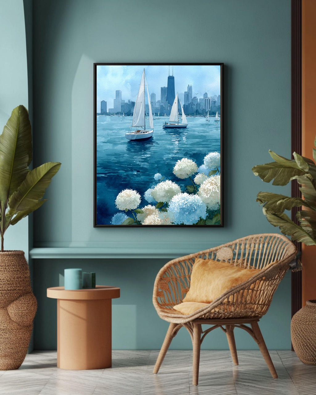 Chicago Sailboats Watercolor Canvas Print | Lake Michigan Cityscape Art | Blue Hydrangea Nautical Wall Decor