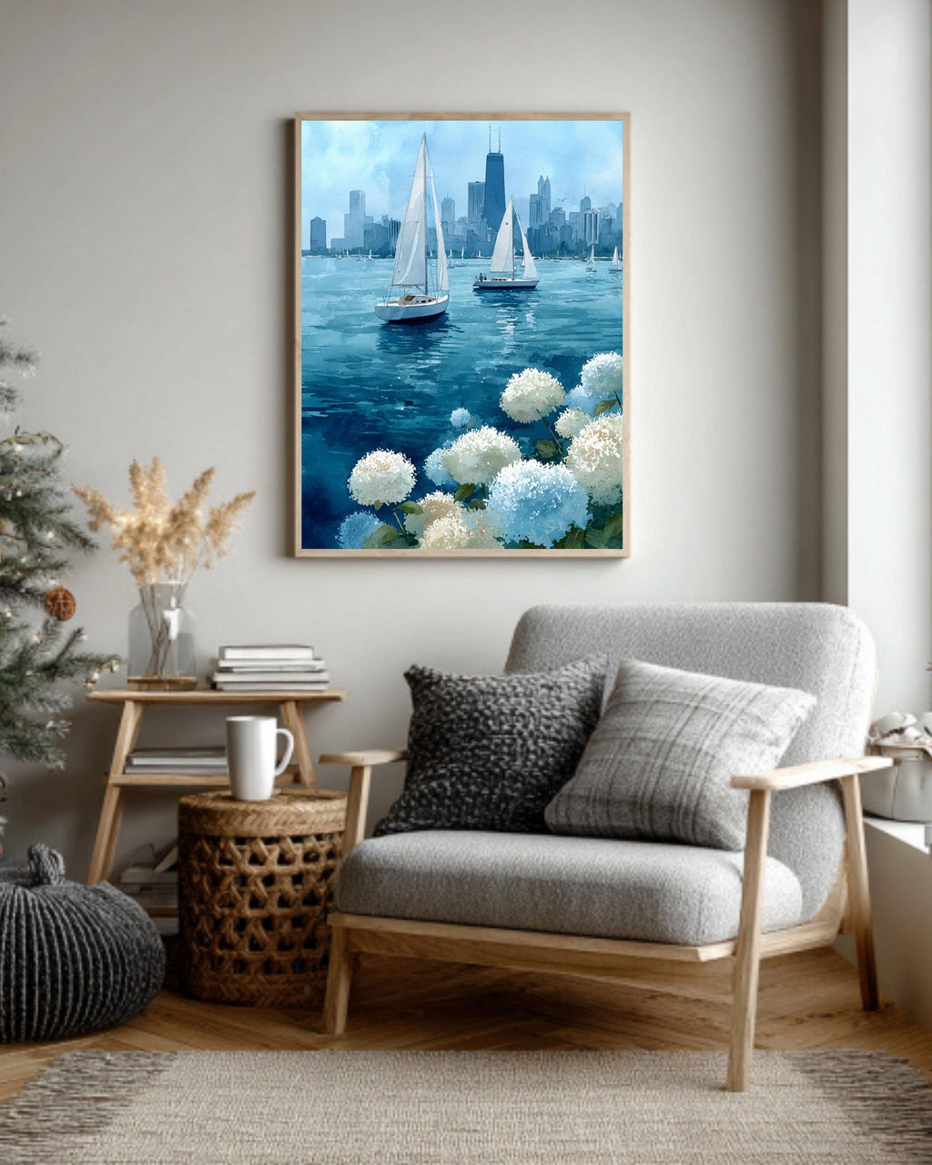 Chicago Sailboats Watercolor Canvas Print | Lake Michigan Cityscape Art | Blue Hydrangea Nautical Wall Decor