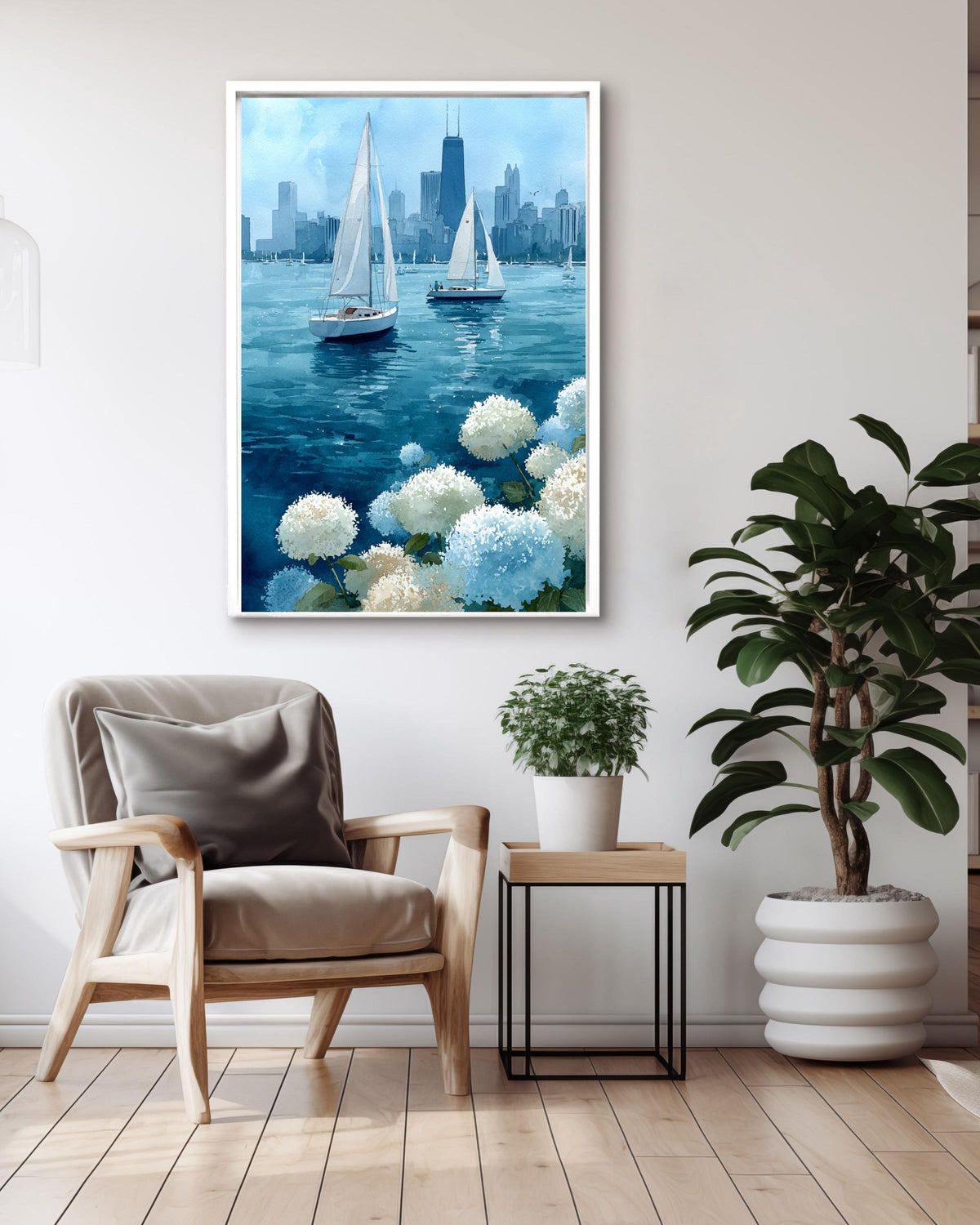 Chicago Sailboats Watercolor Canvas Print | Lake Michigan Cityscape Art | Blue Hydrangea Nautical Wall Decor