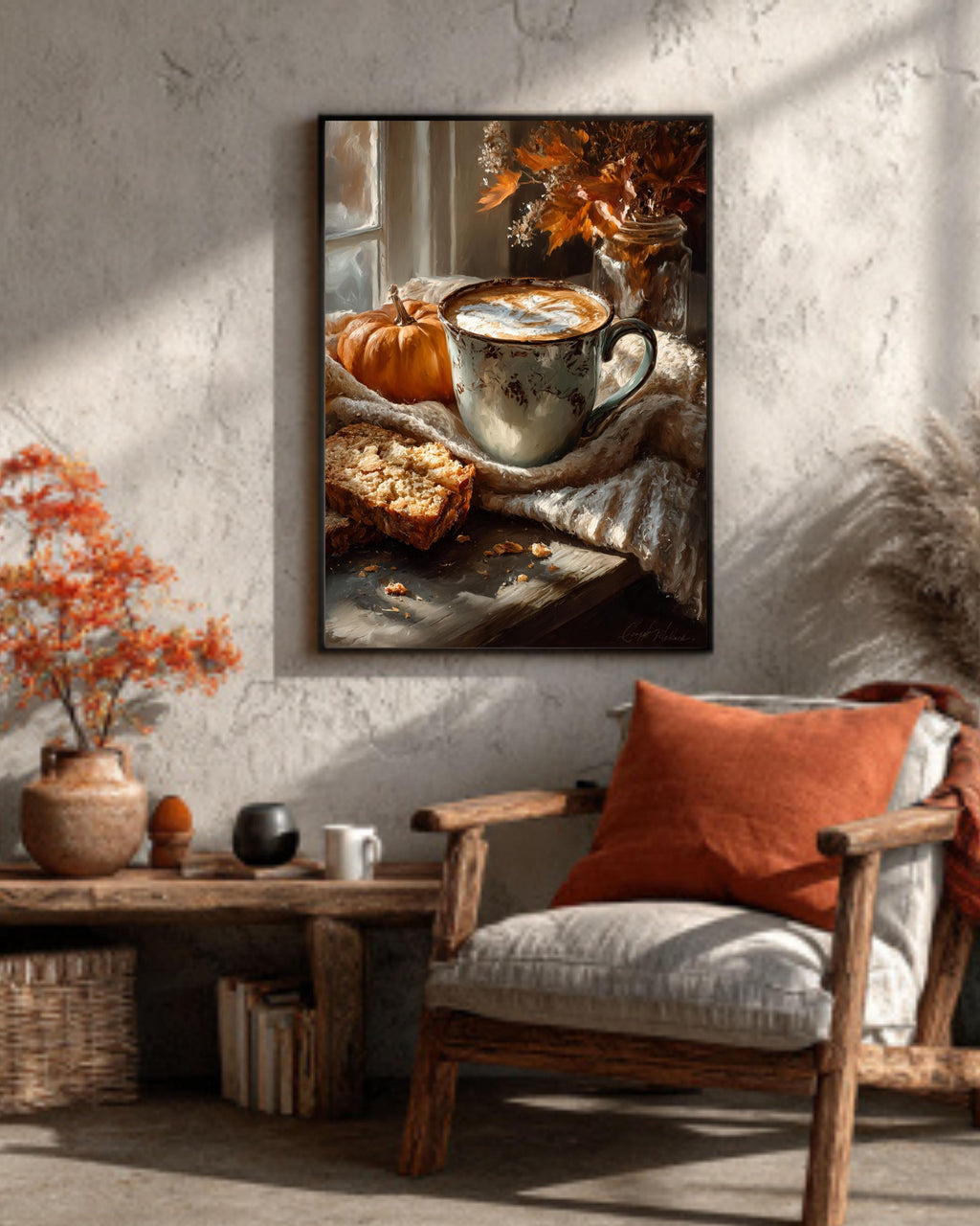 Pumpkin Spice Latte Canvas Print: Autumn Coffee Still Life Art