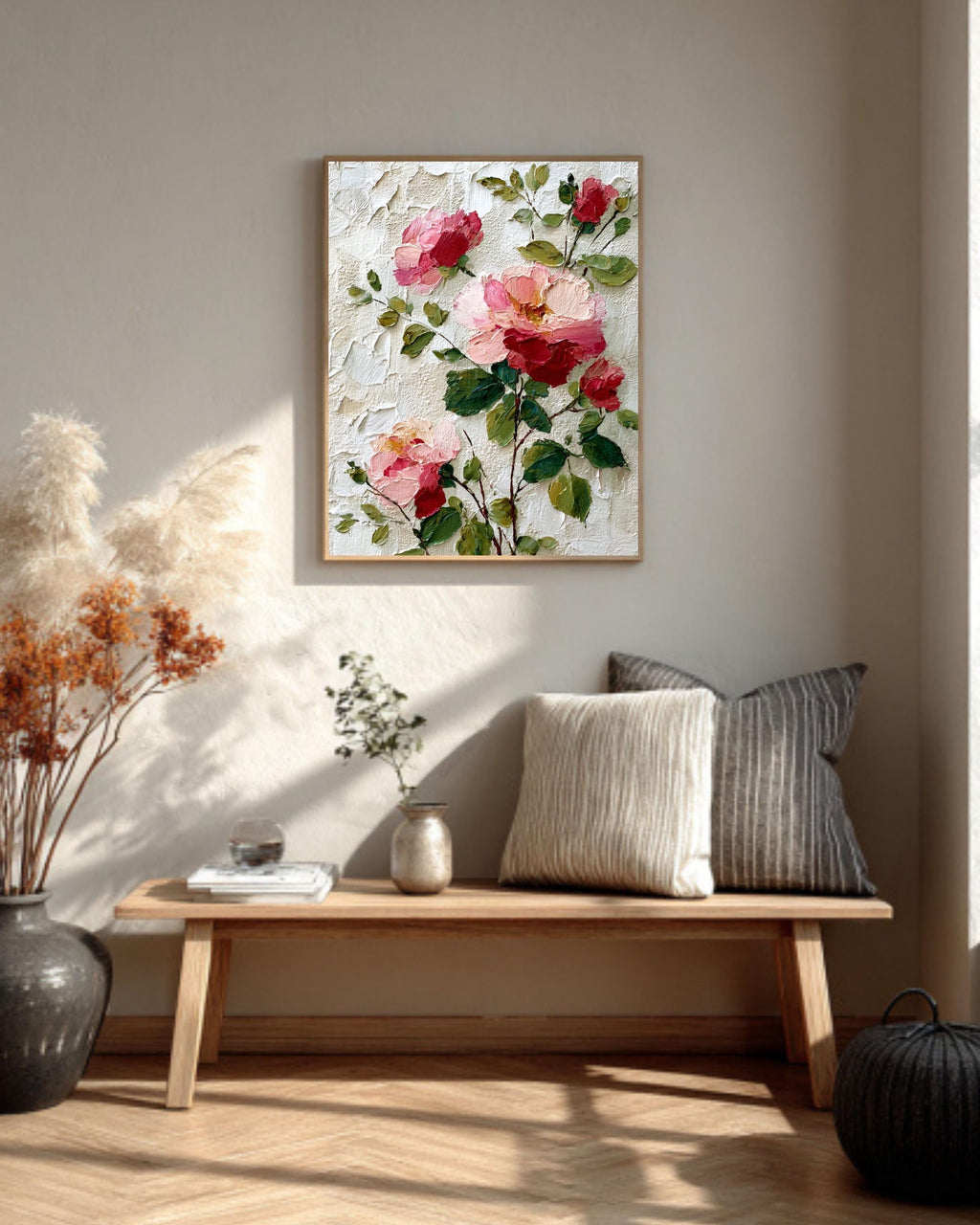 Pink Rose Canvas Art: Textured Impasto Floral Print