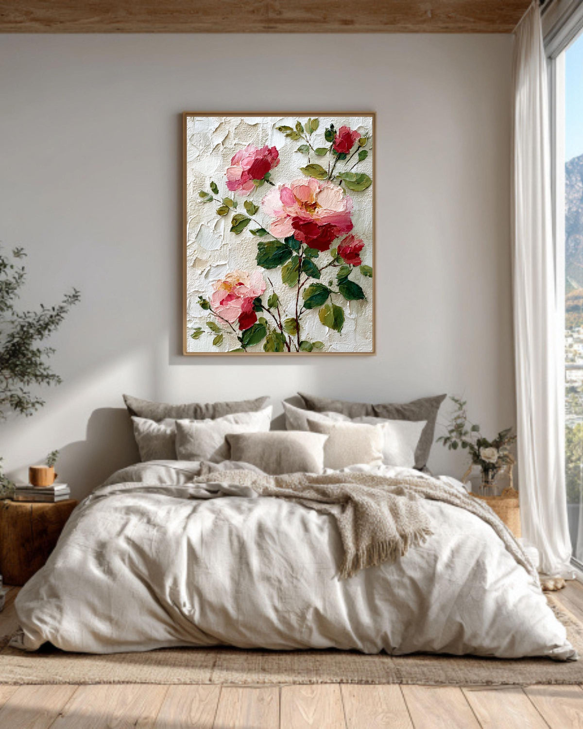 Pink Rose Canvas Art: Textured Impasto Floral Print
