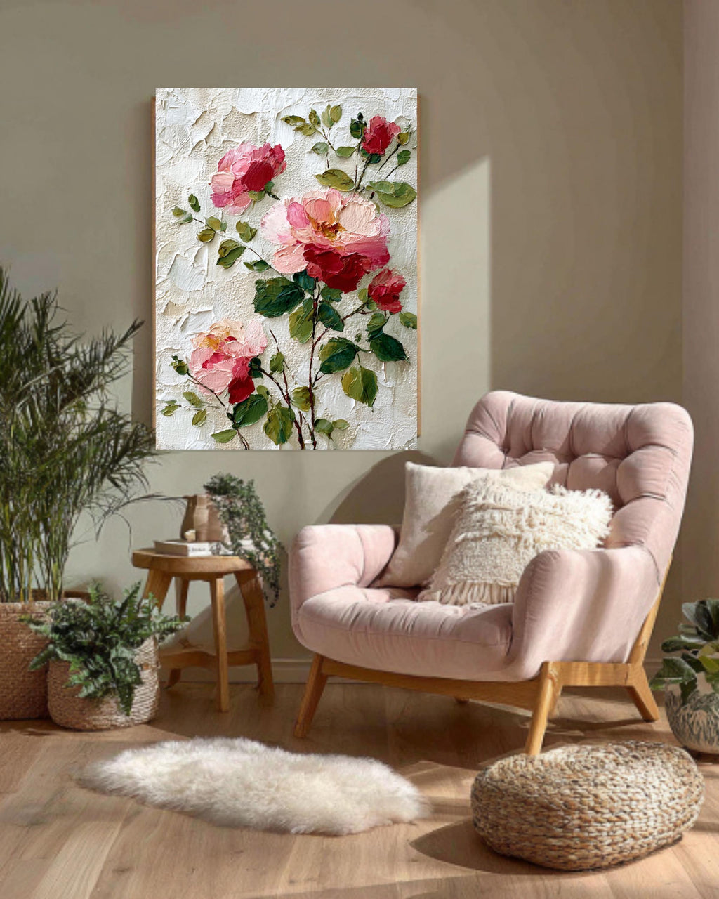 Pink Rose Canvas Art: Textured Impasto Floral Print