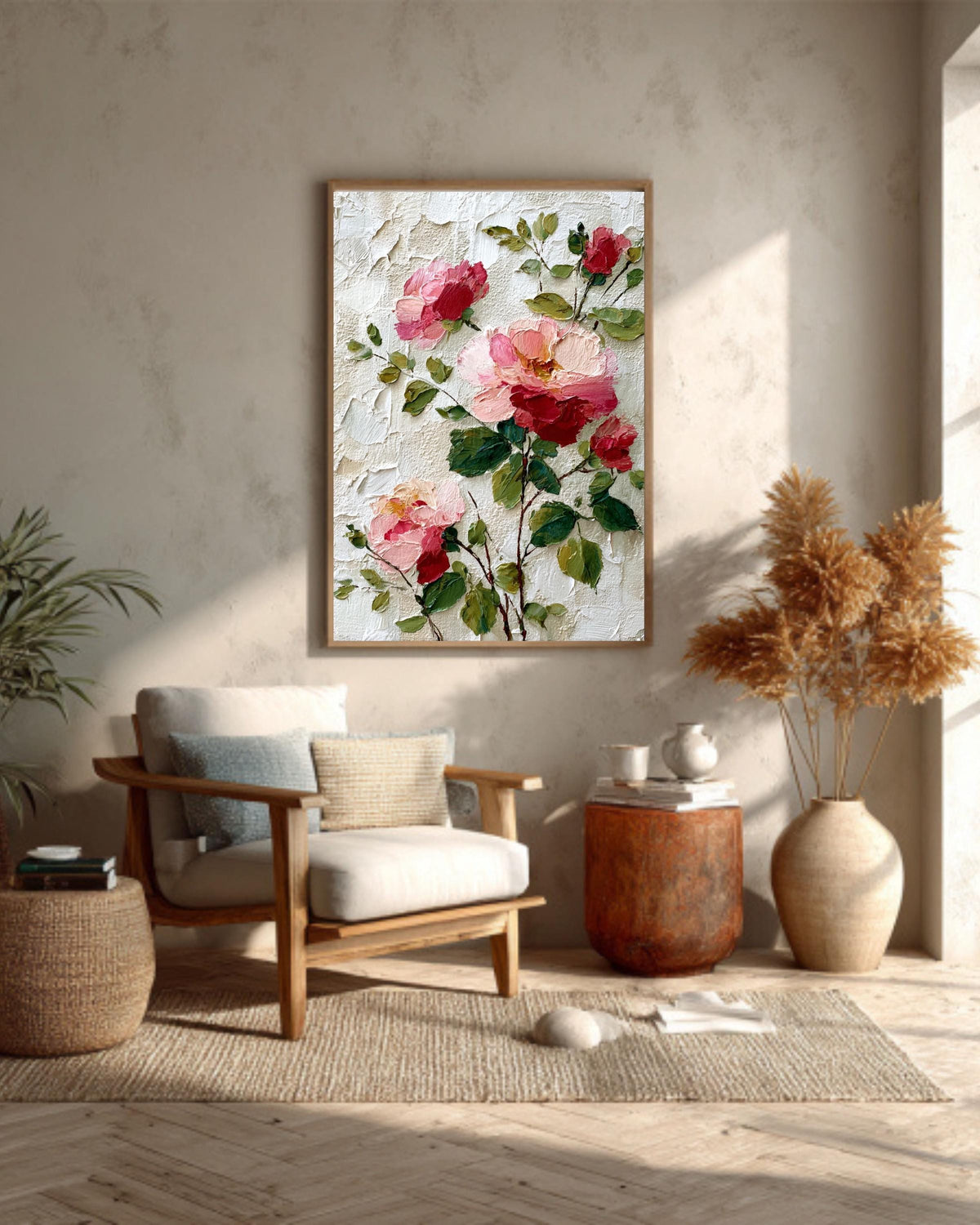 Pink Rose Canvas Art: Textured Impasto Floral Print