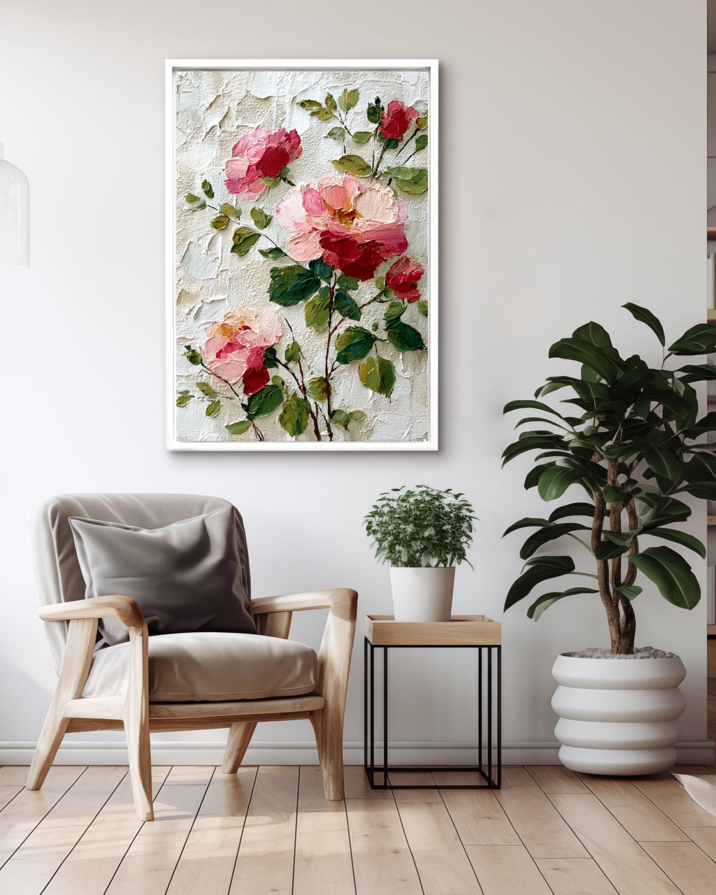 Pink Rose Canvas Art: Textured Impasto Floral Print