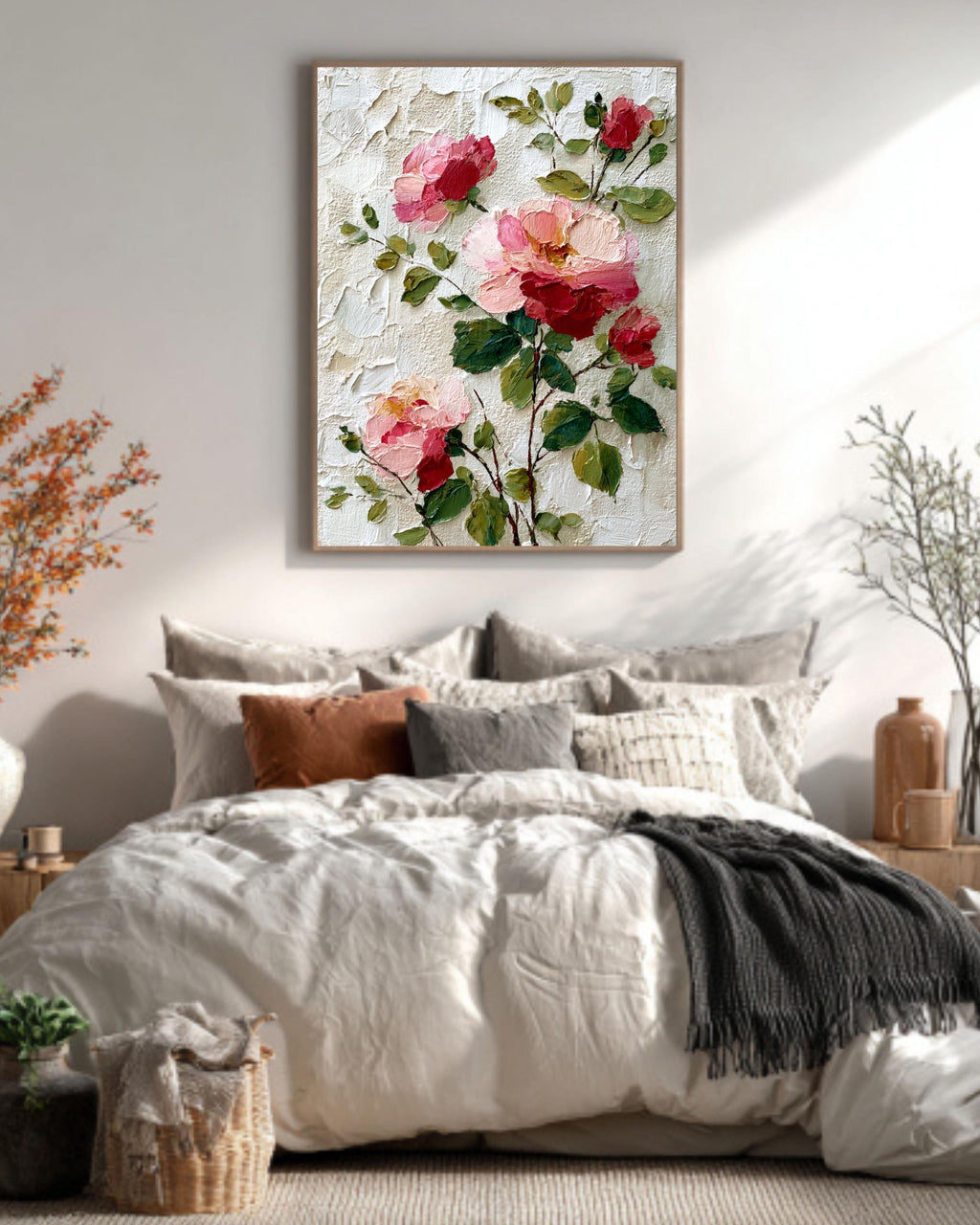 Pink Rose Canvas Art: Textured Impasto Floral Print