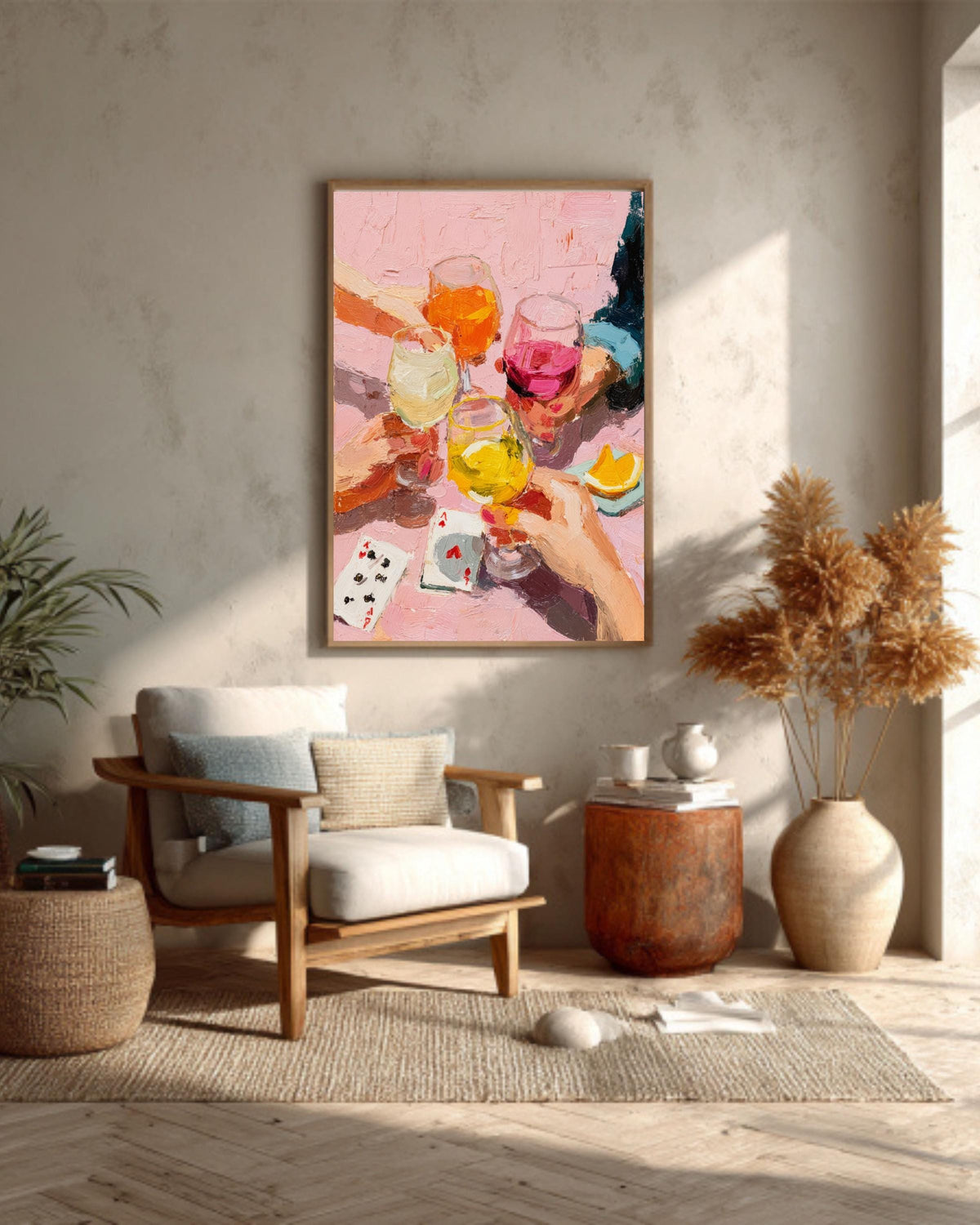Impasto Wine Toast Canvas Print: Pink Girls Night Out Decor
