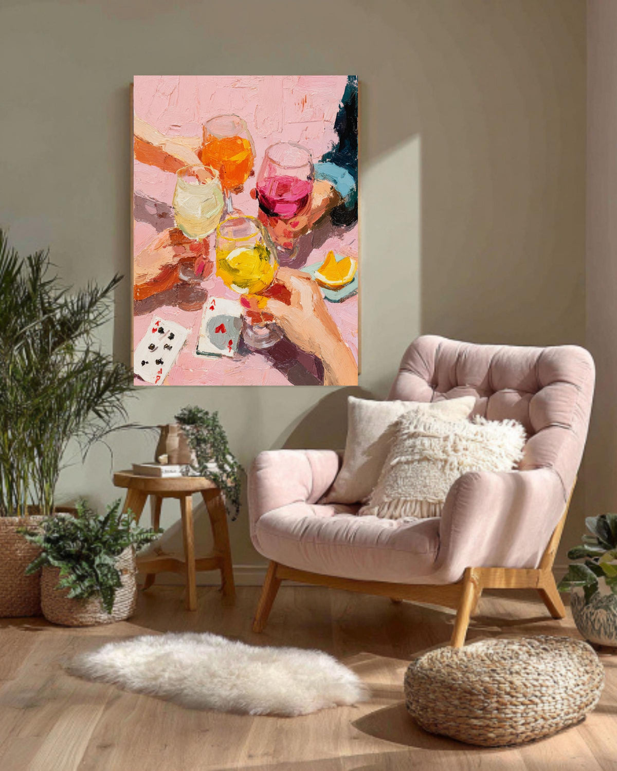 Impasto Wine Toast Canvas Print: Pink Girls Night Out Decor