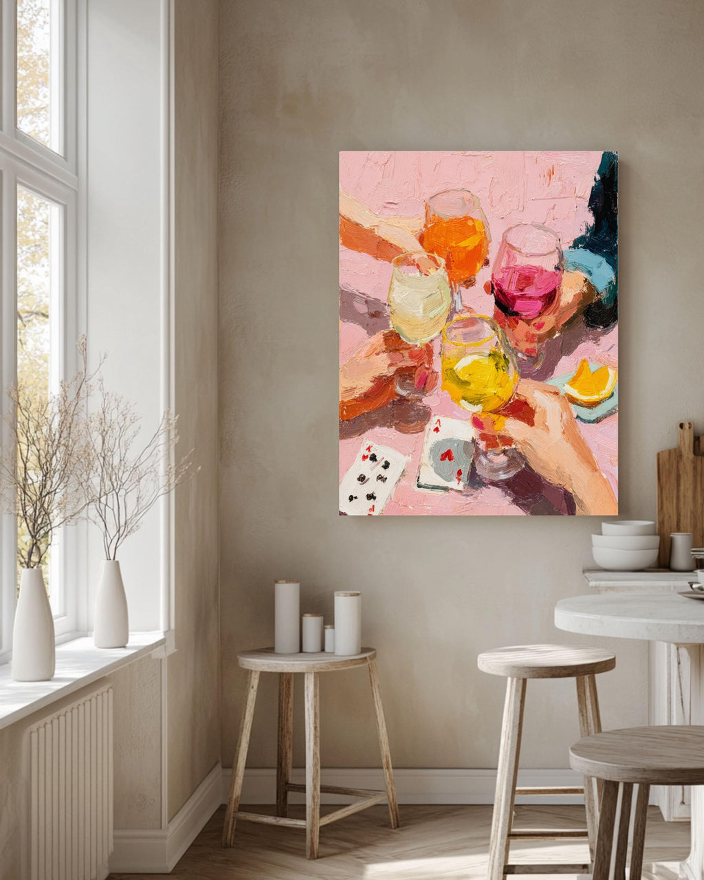 Impasto Wine Toast Canvas Print: Pink Girls Night Out Decor