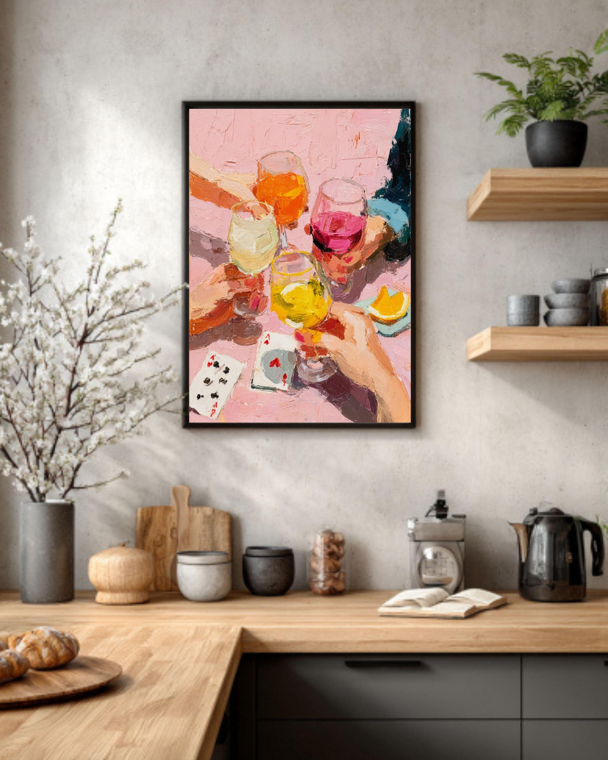 Impasto Wine Toast Canvas Print: Pink Girls Night Out Decor