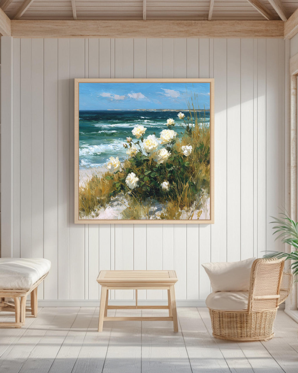 White Roses by the Sea Oil Painting | Vintage Coastal Floral Art with Ocean Waves & Sand Dunes | Romantic White Flower Beach Poster