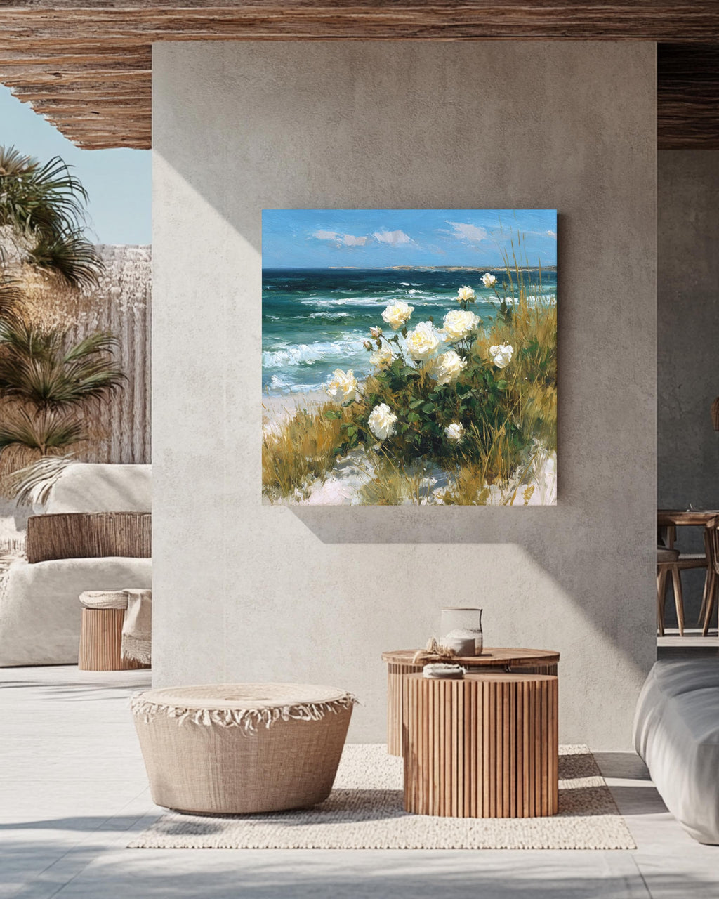 White Roses by the Sea Oil Painting | Vintage Coastal Floral Art with Ocean Waves & Sand Dunes | Romantic White Flower Beach Poster