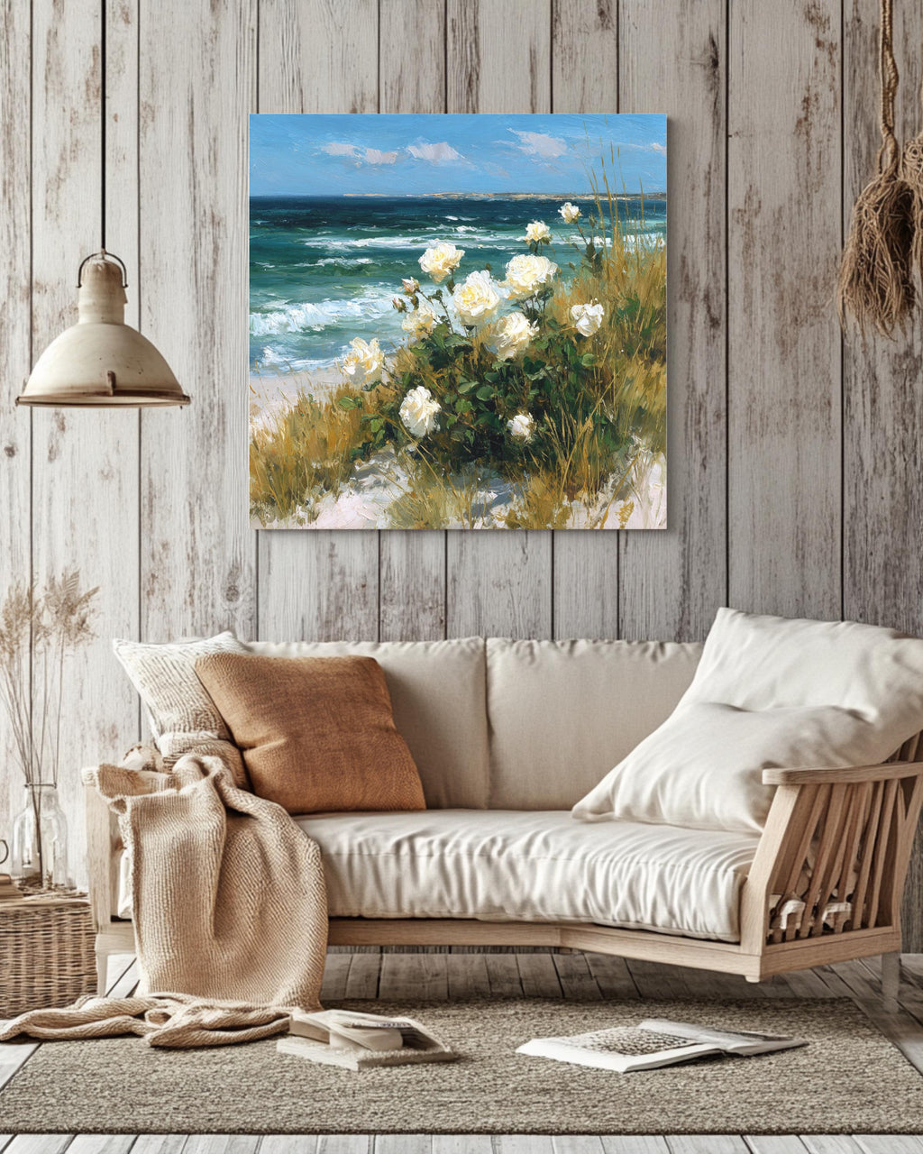 White Roses by the Sea Oil Painting | Vintage Coastal Floral Art with Ocean Waves & Sand Dunes | Romantic White Flower Beach Poster