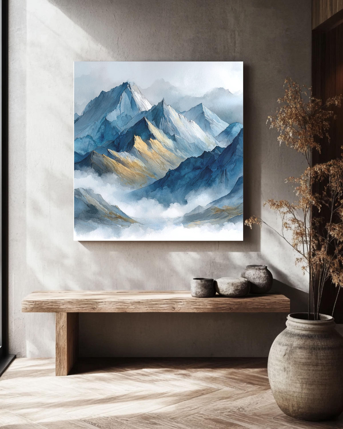 Abstract Blue Watercolor Mountain Canvas, Misty Landscape Art