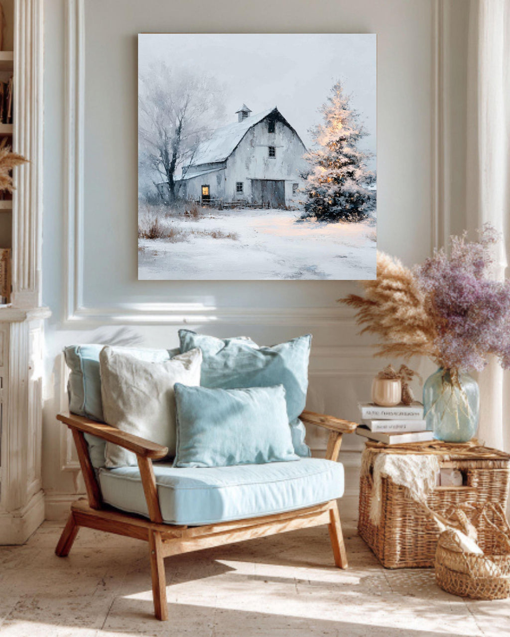 Snowy Barn Christmas Canvas Print, Farmhouse Wall Art