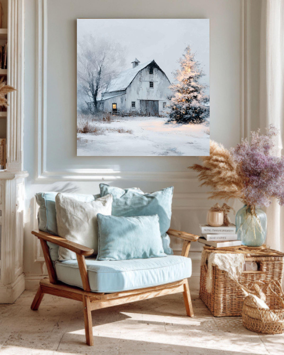 Snowy Barn Christmas Canvas Print, Farmhouse Wall Art