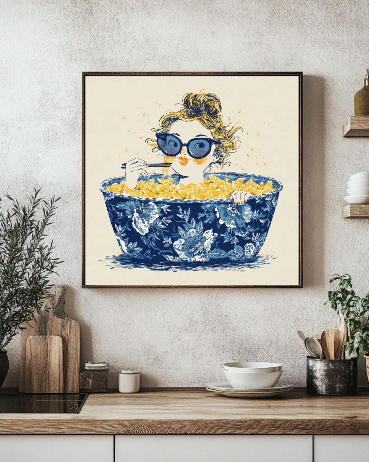 Whimsical Ramen Canvas Art Print, Girl in Chinoiserie Bowl