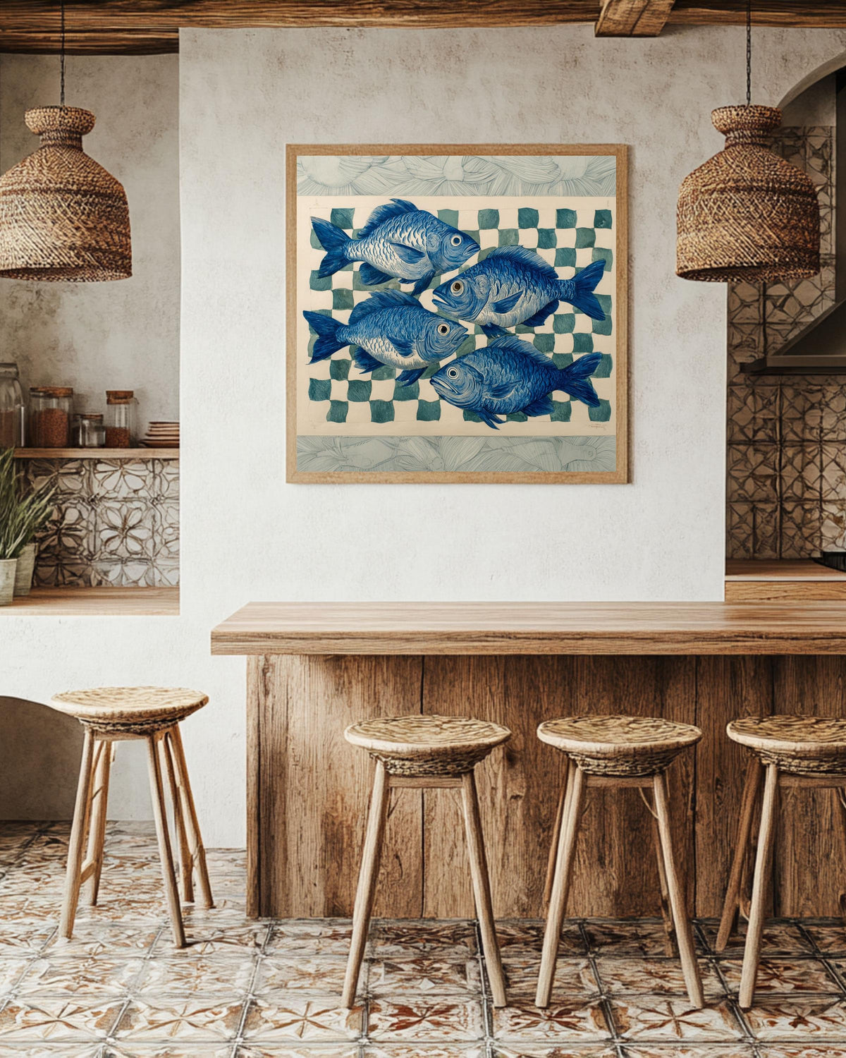 Blue Fish Print Art, Coastal Nautical Canvas Wall Decor