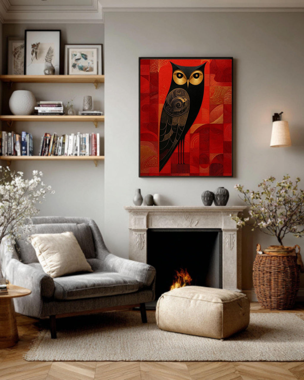 Art Deco Owl Canvas Print, Black Gold Geometric Bird, Red Textured Art