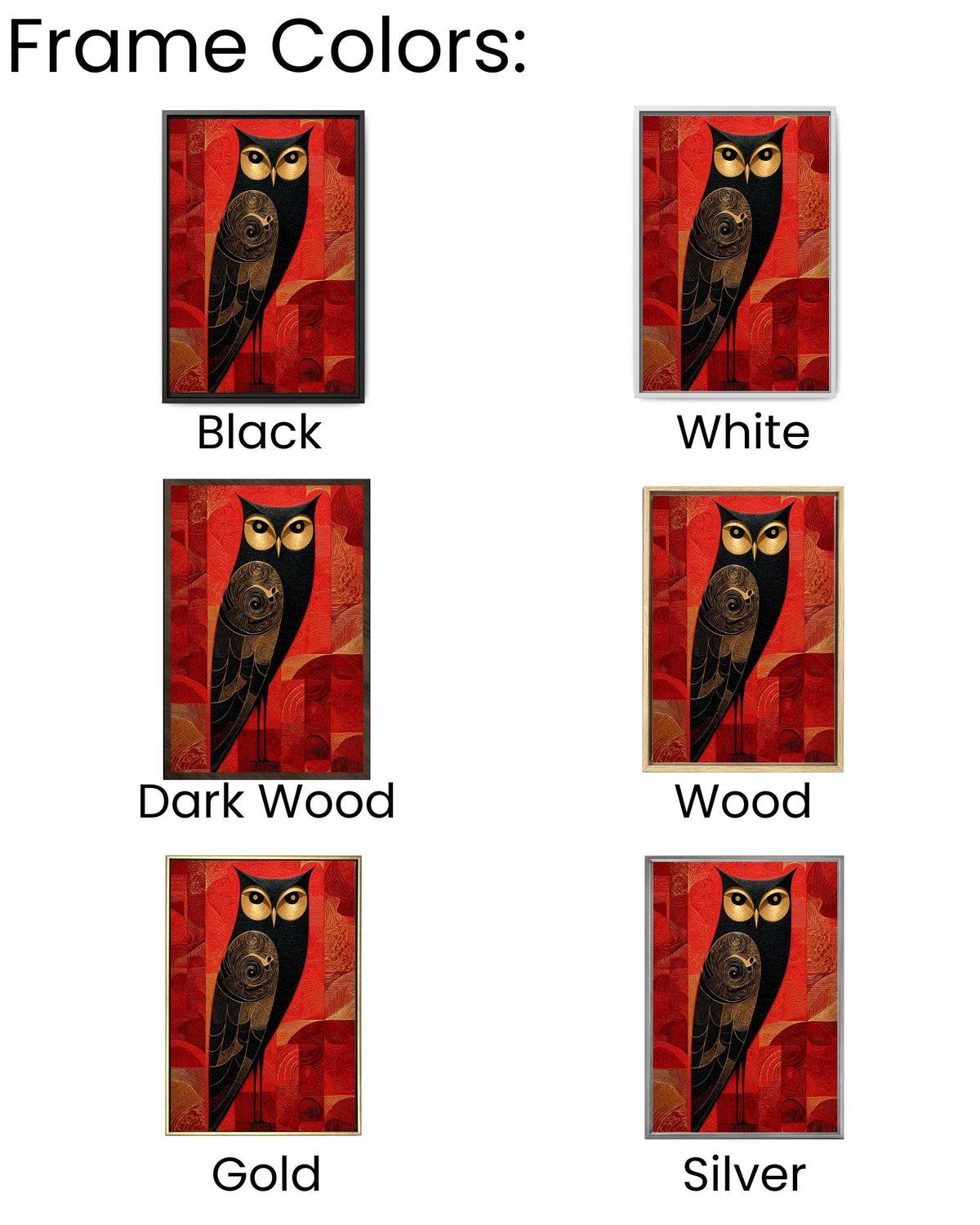 Art Deco Owl Canvas Print, Black Gold Geometric Bird, Red Textured Art