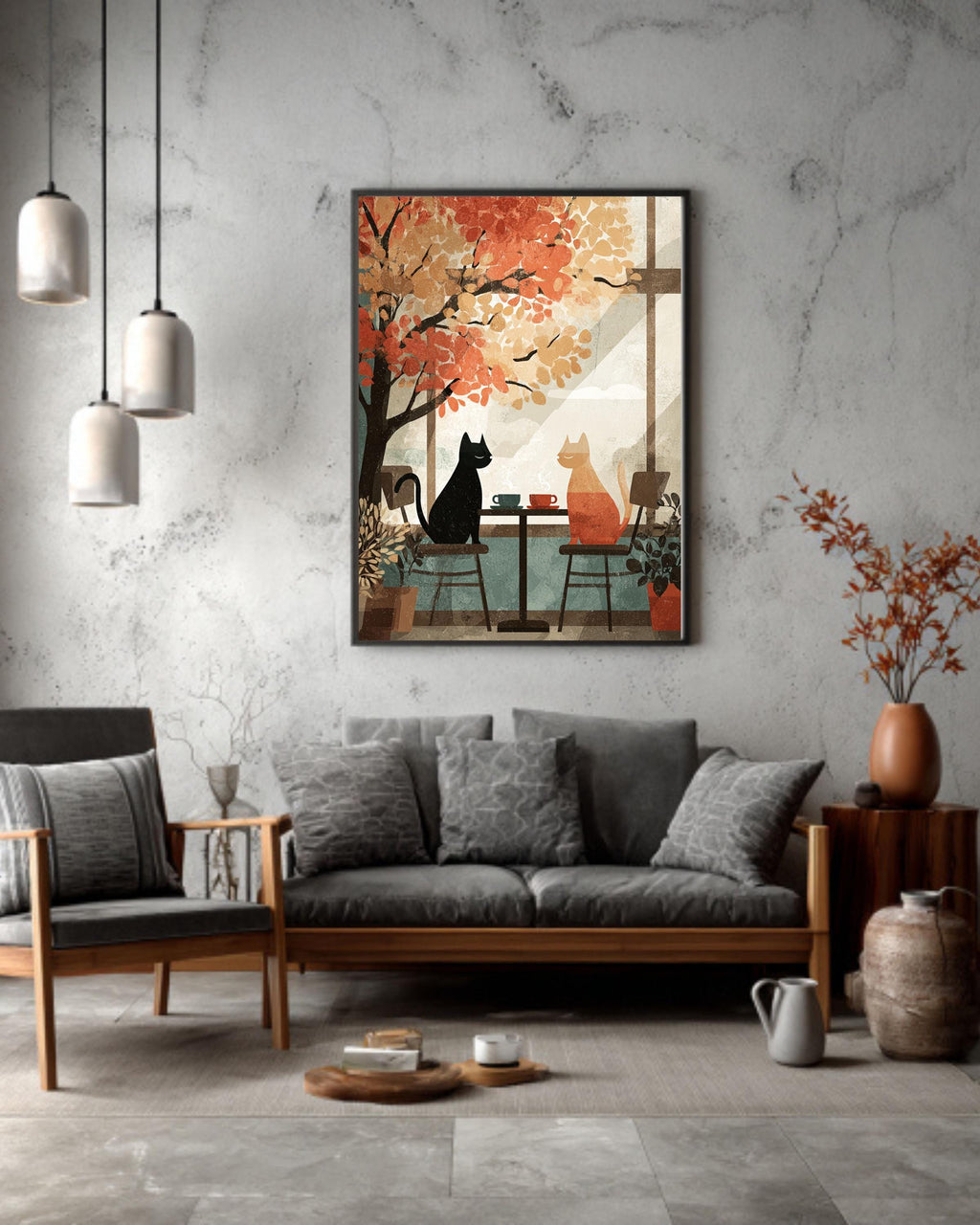 Autumn Cafe Cat Canvas Print, Cozy Vintage Window Scene Art