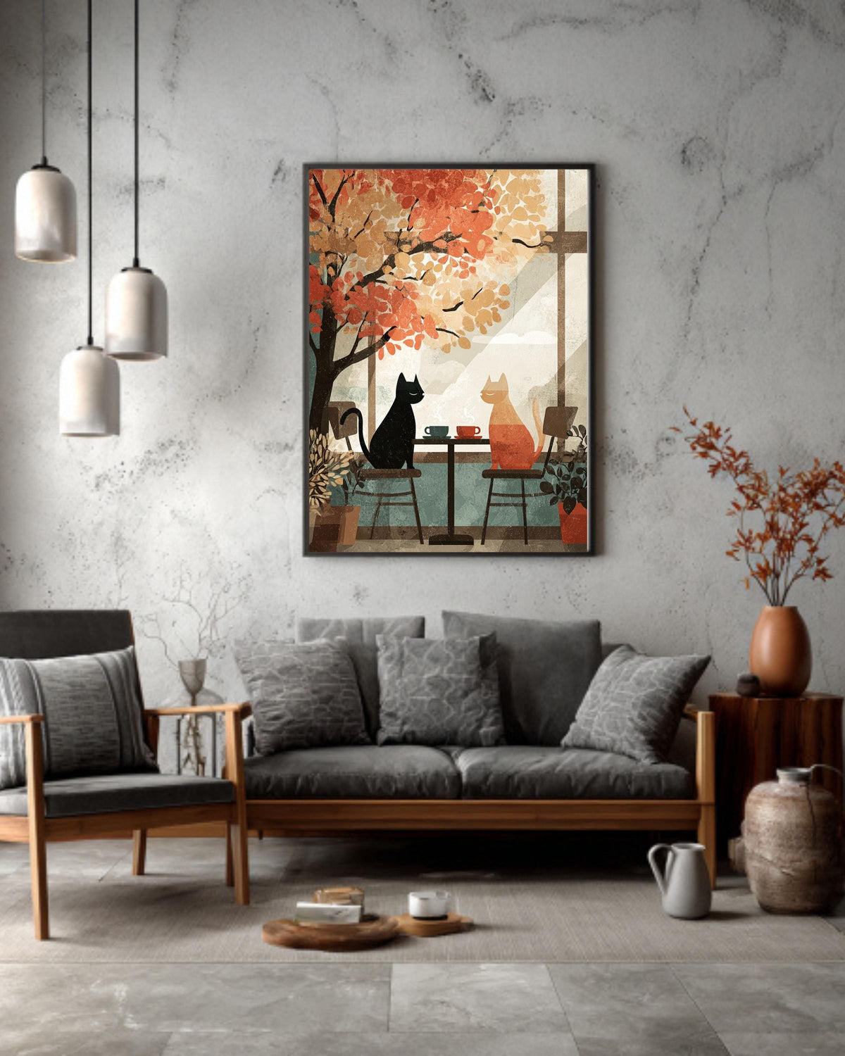 Autumn Cafe Cat Canvas Print, Cozy Vintage Window Scene Art