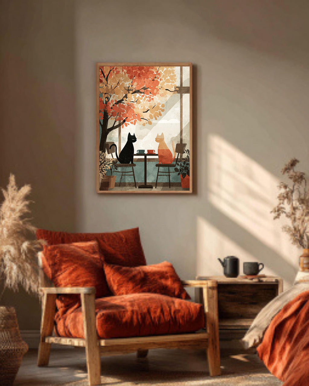 Autumn Cafe Cat Canvas Print, Cozy Vintage Window Scene Art