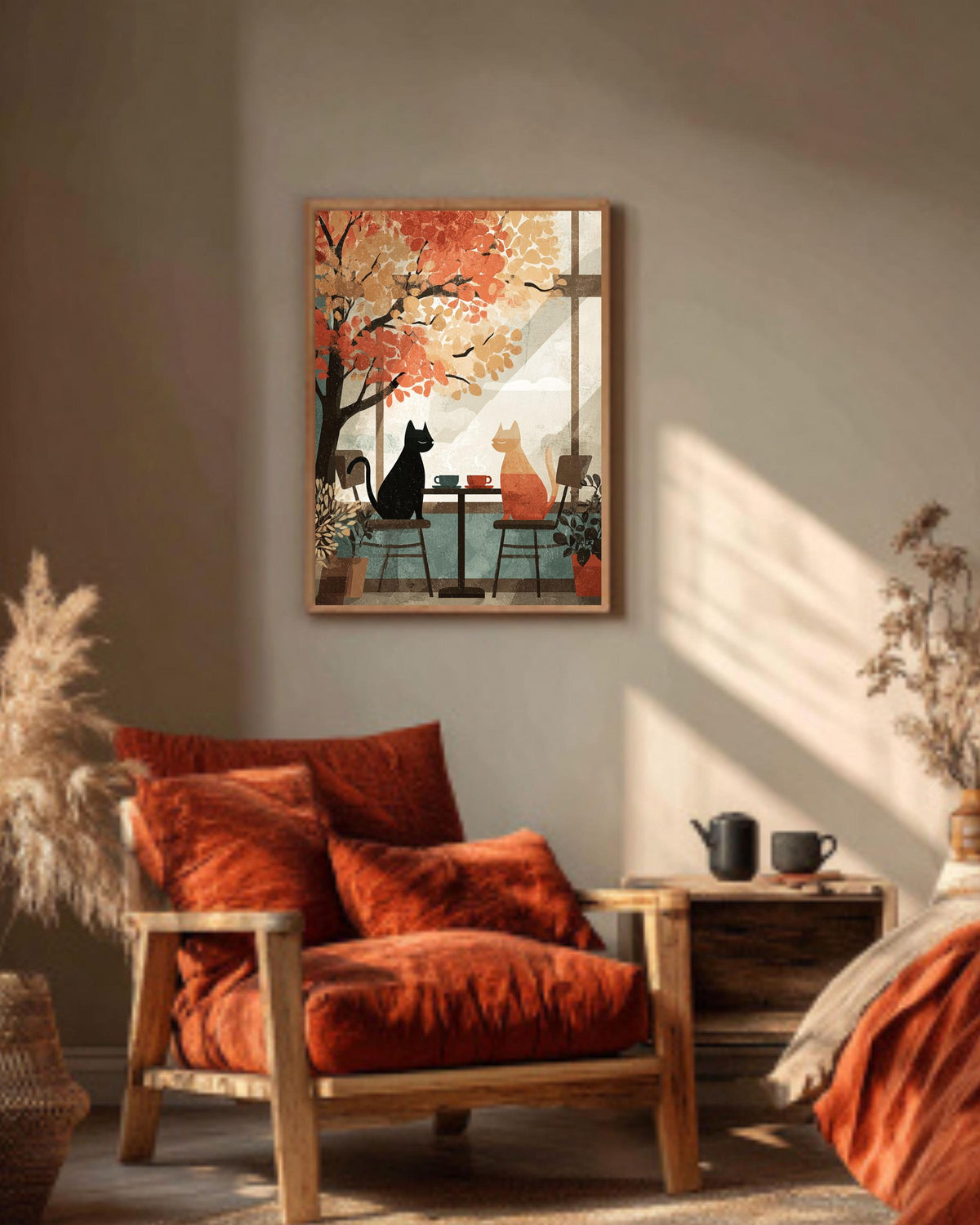 Autumn Cafe Cat Canvas Print, Cozy Vintage Window Scene Art
