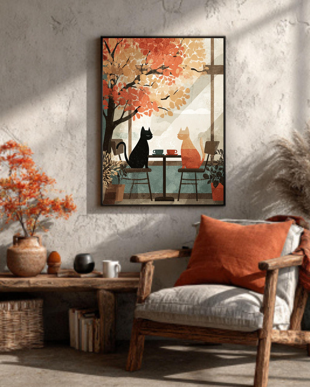 Autumn Cafe Cat Canvas Print, Cozy Vintage Window Scene Art