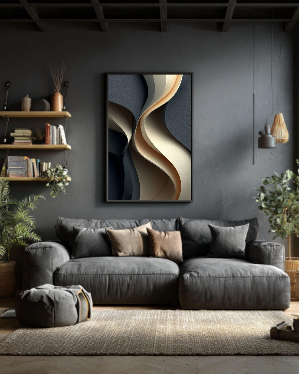 Abstract Wavy 3D Canvas Art, Gray Beige Curved Shapes Print