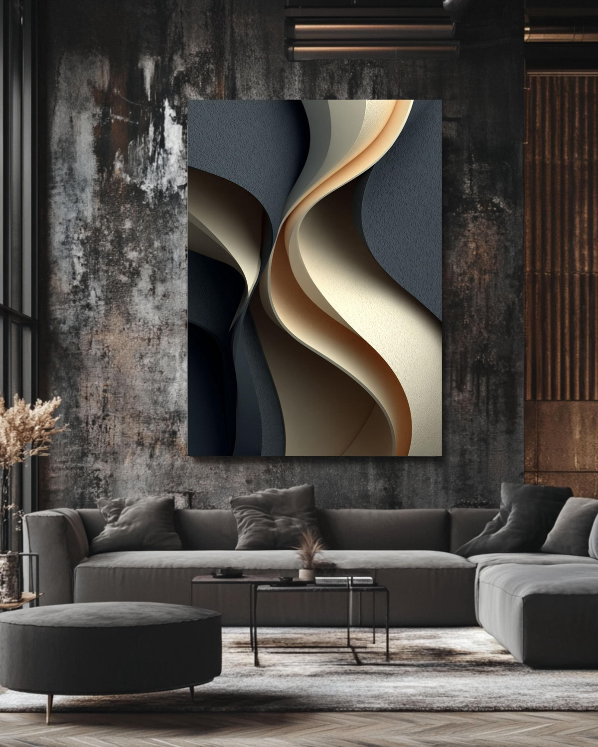 Abstract Wavy 3D Canvas Art, Gray Beige Curved Shapes Print