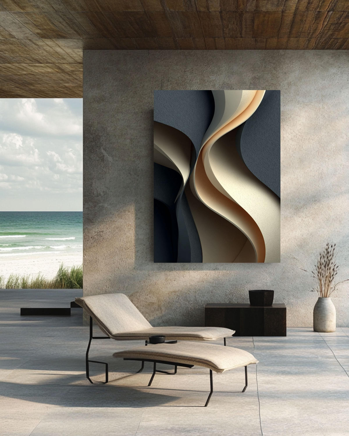 Abstract Wavy 3D Canvas Art, Gray Beige Curved Shapes Print